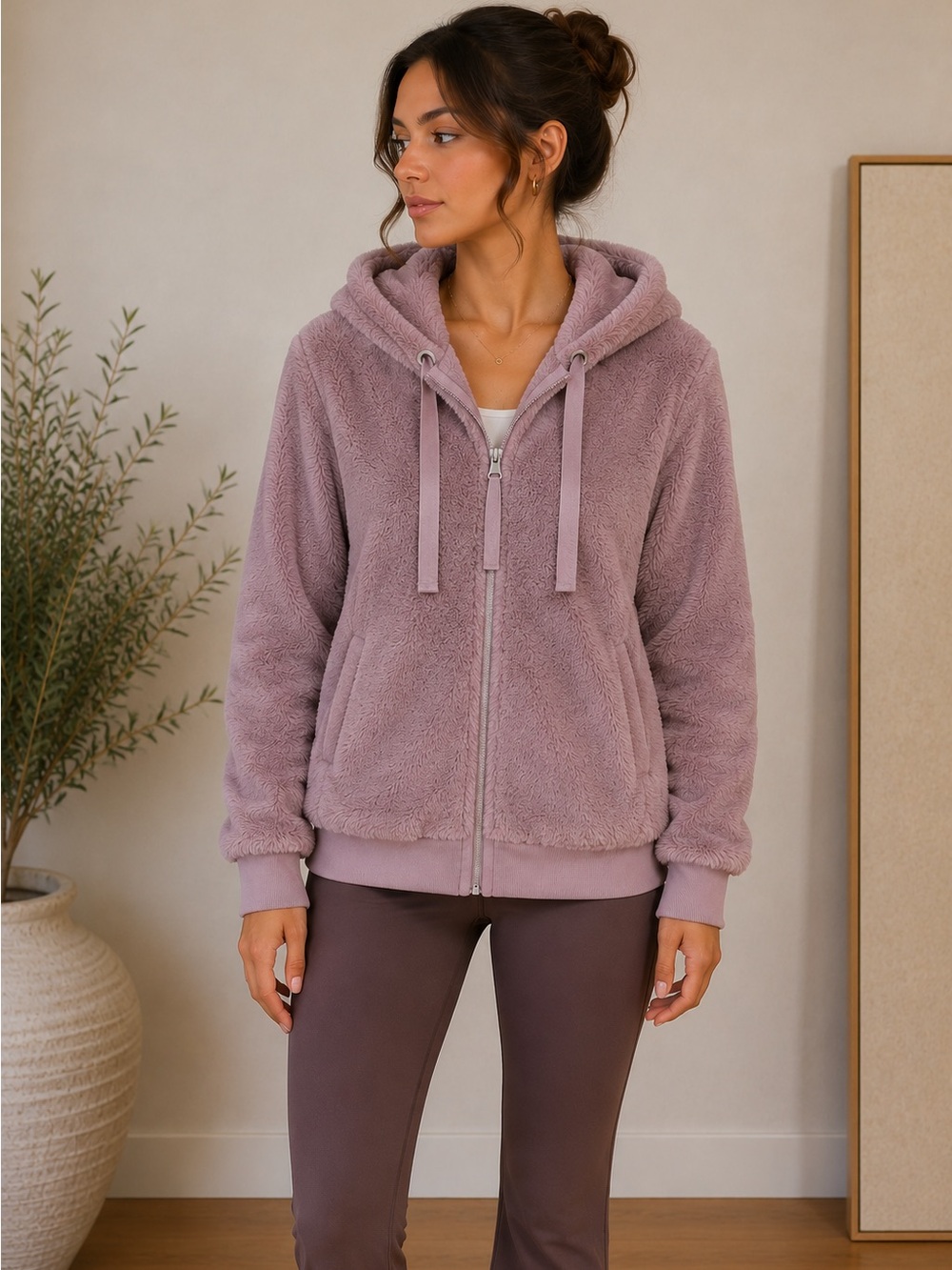 Athleta Ritual Jacket Women’s M Mauve Hooded Faux Fur Full Zip Winter Coat
